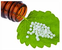 Colchicum - Natuopathic Medicine Pellets on Green Leaf